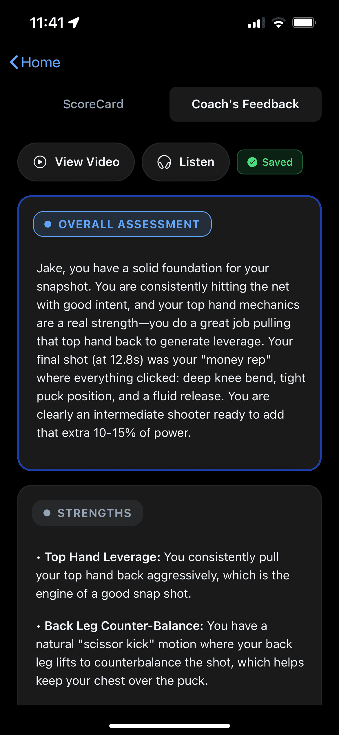 Puck Buddy coach feedback screen with improvement tips