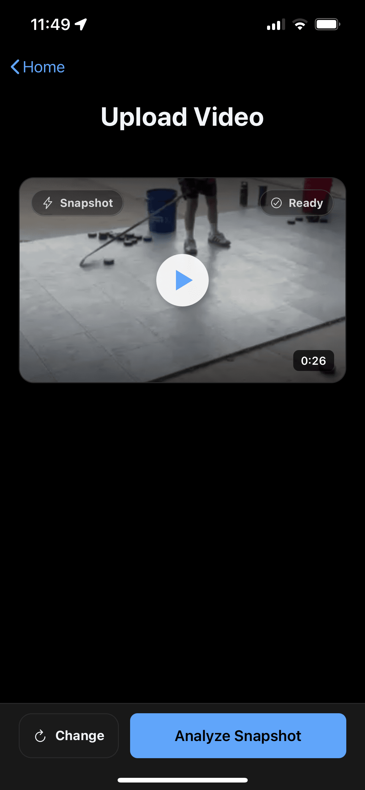 Puck Buddy upload screen showing video selection